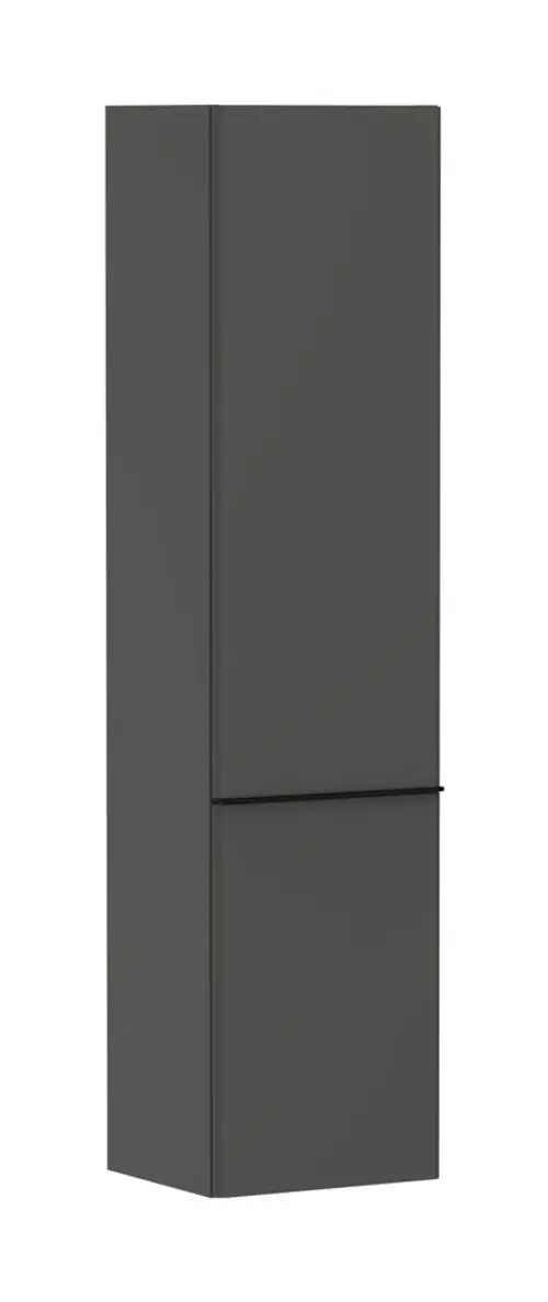 Hochschrank in diamantgrau matt von Hansgrohe, mit zwei verticalen Türen. Türanschlag auf der linken Seite. Schlichte, geradlinige Form ohne sichtbare Griffe.
